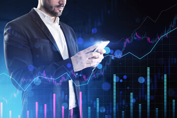 Man using smartphone with overlay of stock market graphs, digital style on a dark blue background, concept of finance analysis