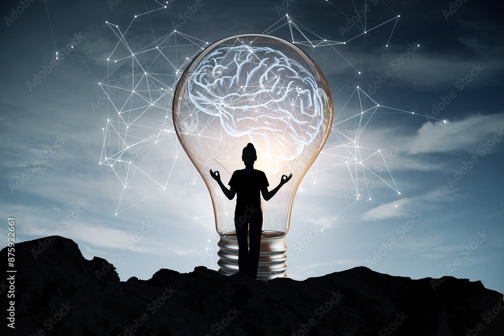 Poster silhouette of a person holding a giant light bulb with a brain inside, network connections on a twil