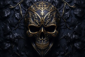 Naklejka premium Black skull adorned with intricate floral patterns against a dark background.