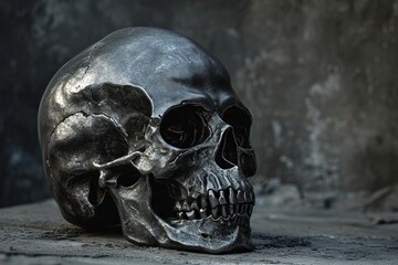 A weathered silver skull rests on a dark table, its hollow eye sockets casting eerie shadows.