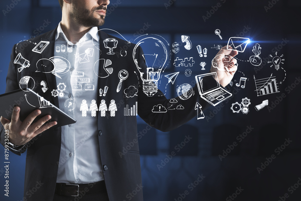 Poster a man in a suit holding a tablet with creative digital icons and doodles glowing around him against 