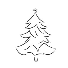 Fototapeta premium Christmas tree. Hand drawn line drawing isolated on white background. Black ink vector illustration. Abstract vector line. Modern brush calligraphy.