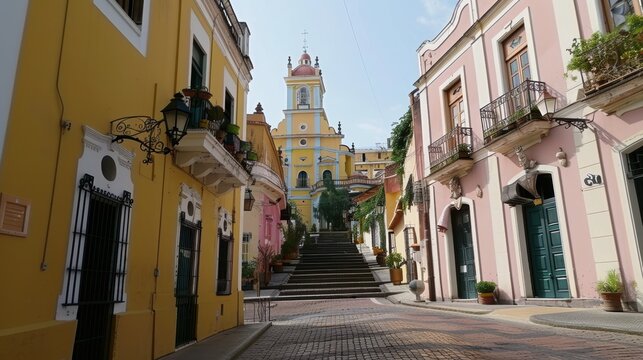 Typical city of any South American country, with a church tower in the background - Powered by Adobe