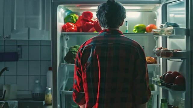Hungry man decided to eat at night. Glutton opened refrigerator and choosing food. Poor diet, unhealthy snacks. Food disorder. Fridge filled with different goods, shelves with products.