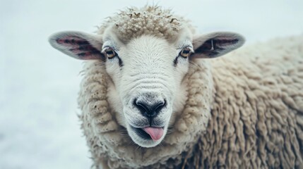 Fototapeta premium A sheep making a funny face with its tongue out.