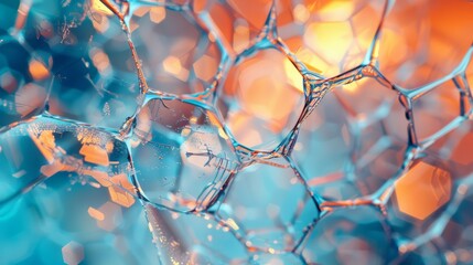 Neuro web of scattered hexagonal glass mazes, elevated hyperrealism, interconnected translucent mirrors, blurry ethereal backgrounds, cool and warm colors with bokeh backgrounds and in full bloom