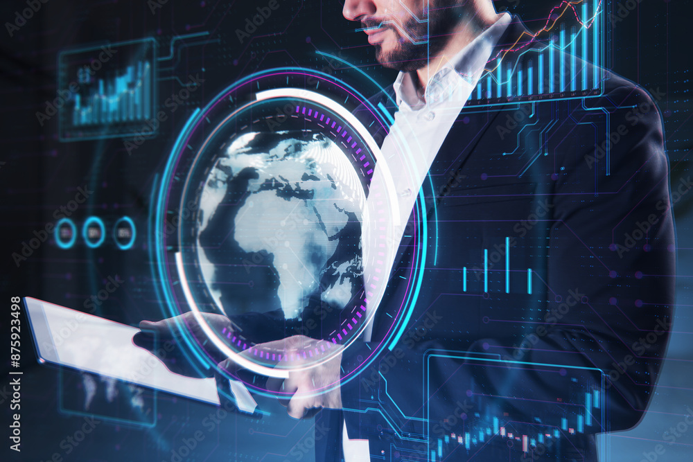 Poster A person interacting with futuristic digital interfaces, displaying global data and graphs, on a dark high-tech background, concept of innovation