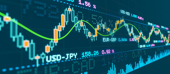 Global currency exchange rates and stock market chart. Exchange rates of Euro, US dollar, British pound, Japanese yen. Bar graph, business and investment concept. 3D illustration