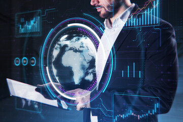 A person interacting with futuristic digital interfaces, displaying global data and graphs, on a dark high-tech background, concept of innovation