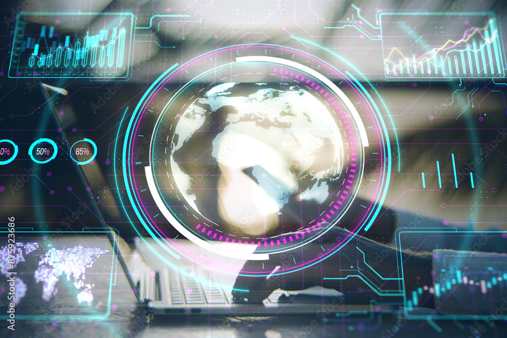 Poster Digital interface displaying a holographic globe with various data charts, against a blurred office setting, concept of global business analytics