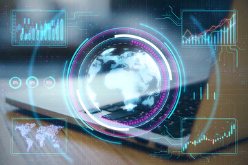 A futuristic digital world map surrounded by various charts and data analytics visualizations on a dynamic cyber-style background, expressing the concept of global connectivity and data analysis