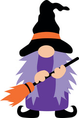 Witch gnome with broom. Halloween gnome vector illustration.
