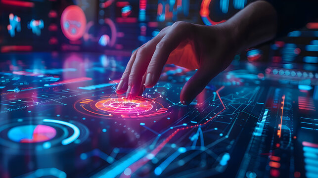 Data Analysis: A Norwegian data scientist in Switzerland, conducting data analysis with vibrant polygon images to showcase statistical trends and key business metrics - Powered by Adobe