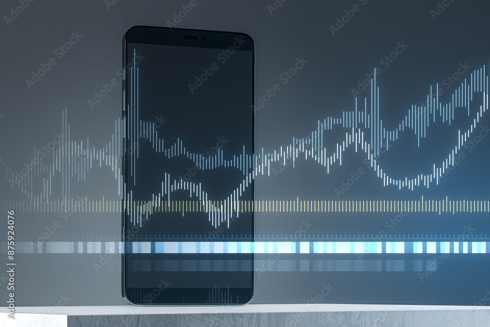 Poster A smartphone displaying graphs with a futuristic overlay, set against a gradient background, illustrating the concept of digital finance