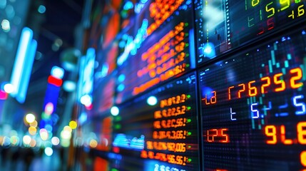 Futuristic Stock Market Ticker Display on Multiple Screens