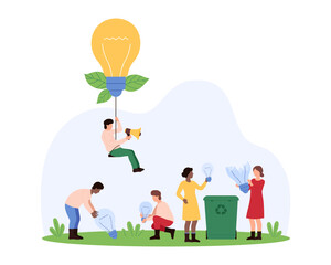Solving problem process, teamwork to find answers and success idea, brainstorm, plan challenge of leadership. Tiny leader flying on yellow light bulb to people in team cartoon vector illustration
