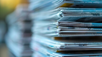 Financial News Abstract Background with Neatly Stacked Newspapers and Selective Focus