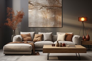 A cozy living room with a beige sofa, marble artwork, and a wooden coffee table.
