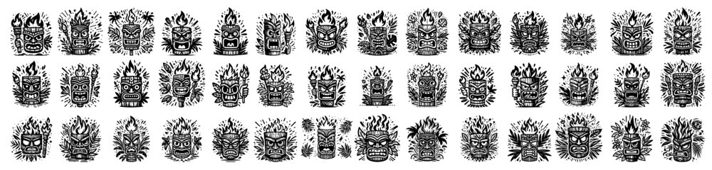 tiki masks characteristic of native hawaiian culture, holiday decorations funny black vector graphics