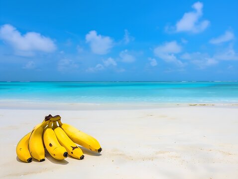 A bunch of bananas on a sunny beach in a summer vacation background reminiscent of tropical relaxation