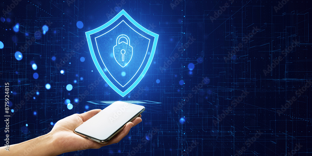 Poster hand holding a smartphone with a digital security shield hologram on a blue circuit background, show