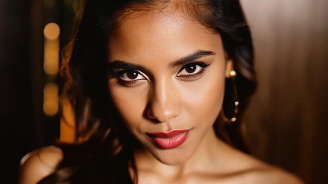 Close up of a pretty young woman looking furtively and sensually into the camera and smiling.
