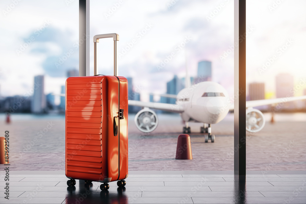 Poster red suitcase in an airport lounge with a view of an airplane on the tarmac, symbolizing travel and a