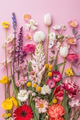 Obraz premium Flowers Flat Lay Pink. Easter Holiday Spring Composition on White Background