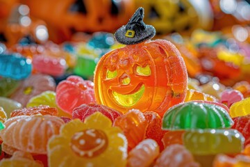 Fototapeta premium Halloween Sweets. Colorful Array of Child's Treats with Candies, Jelly, and Sugar