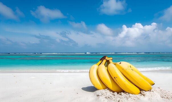 A bunch of bananas on a sunny beach in a summer vacation background reminiscent of tropical relaxation