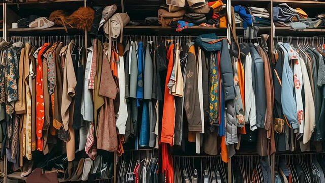 Pile of messy clothes in closet. Untidy cluttered woman wardrobe