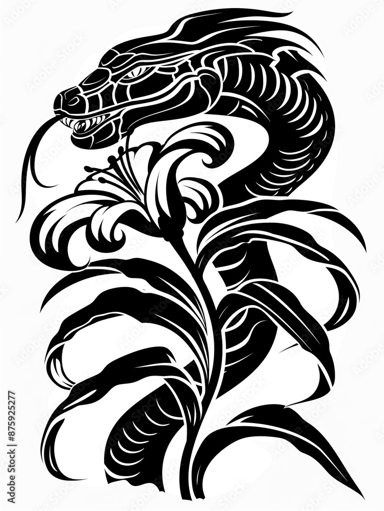 Wall mural a black and white drawing of a snake with a flower on its tail. the image has a mysterious and intri