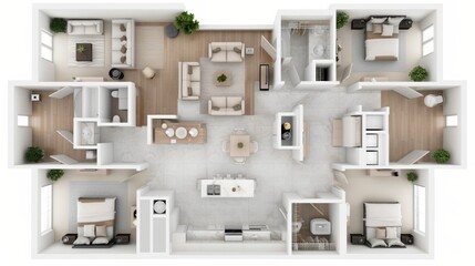 Top-down view of a modern, spacious apartment floor plan with three bedrooms, two bathrooms, and an open kitchen and living area.