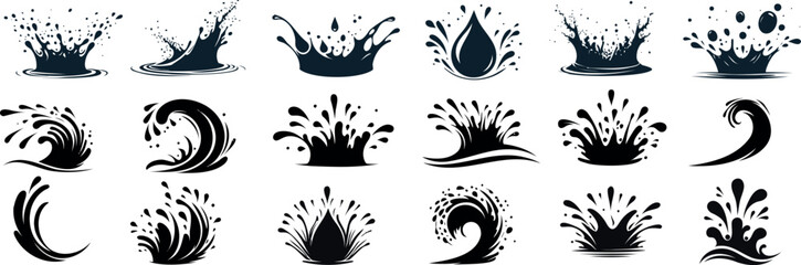 Dynamic water splash vector illustrations in various shapes and sizes