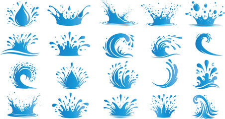 Water splash vector set, 20 designs of blue splash icons, wave graphics, liquid clipart, ocean elements, aquatic illustrations, wave patterns, fluid effects, clean design, dynamic visuals.