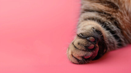 close up of a cat foot, Close-up of a cute cat's paw, showcasing its soft fur texture, against a bright pink shade background,