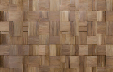 Naklejka premium Timber, Wood Wall background with tiles. 3D, tile Wallpaper with Soft sheen, Square blocks. Generative AI.