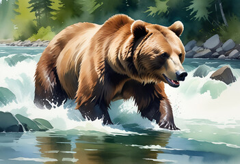 Fototapeta premium Watercolor painting of a bear fishing for salmon in a rushing river, muted-green palette, splitlight effect, high contrast.