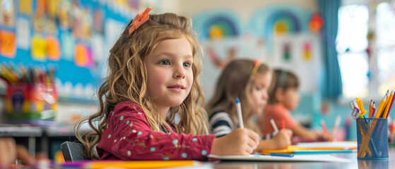 Fototapeta premium Young girl with curly hair concentrates on her schoolwork at a desk.
