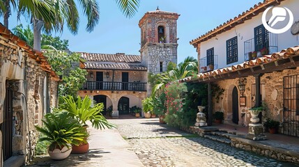 Fototapeta premium Courtyard of a colonial house with a bell tower