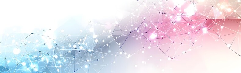 Obraz premium Vector banner design featuring polygonal shapes and connected dots on a white background, with copy space for text in the center of a geometric pattern. The color scheme includes shades of blue, pink,