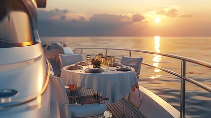 Romantic lunch aboard a luxury yacht at a table prepared for sunset on a motor yacht very detailed and realistic shape
