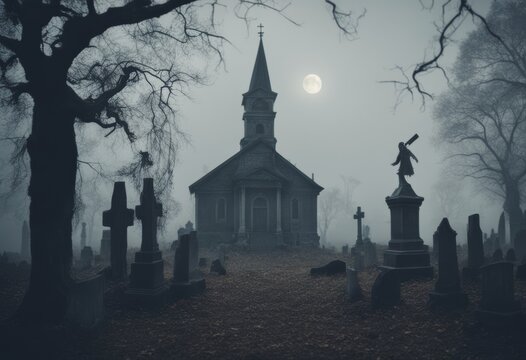 cemetery moon cloudy toned fog sky zombies concept spooky church dead horror view halloween scary tree background carnival celebrate celebration club creepy cross dance dark darkness