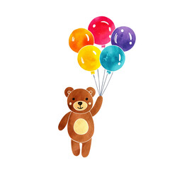カラフルな風船を持っている可愛いクマのイラスト　白背景の切り抜き