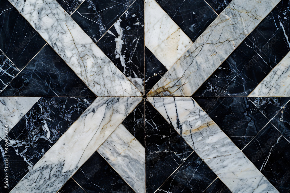 Poster a close-up of black and white marble tiles arranged in an x pattern, creating a geometric background
