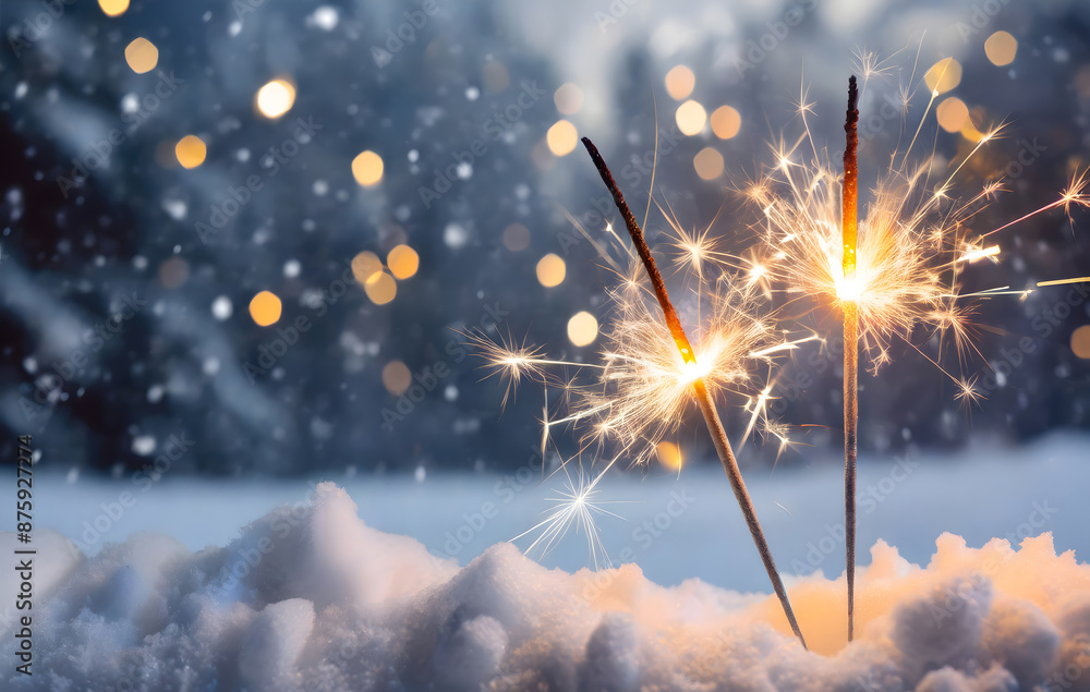 Poster two burning sparklers in snow, party together concept banner background with copy space. generative 