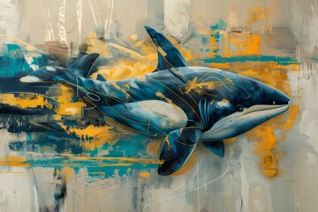 vibrant and dynamic abstract artwork of an animal feature a harmonious blend of bold colors such as blues, greens, and touches of gold, with fluid, sweeping lines and geometric shapes