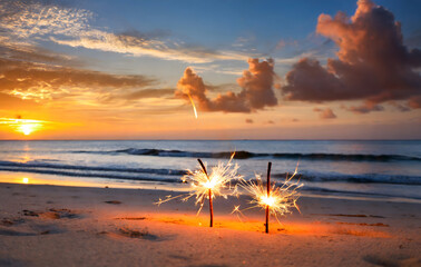 two burning sparklers on beautiful sand beach during romantic sunset. Generative AI.