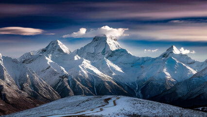 A breathtaking photograph of towering snowy mountain peaks under a dramatic sky, capturing the serene and majestic beauty of a winter landscape. 