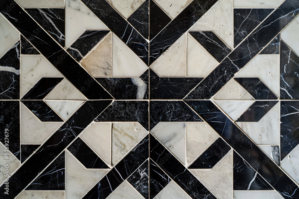 Poster a close-up of black and white marble tiles arranged in an x pattern, creating a geometric background